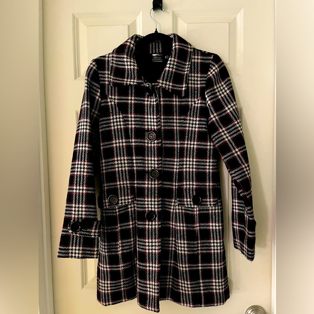 Women’s Adriana red/black/white tweed plaid w/pockets size M wool blend
